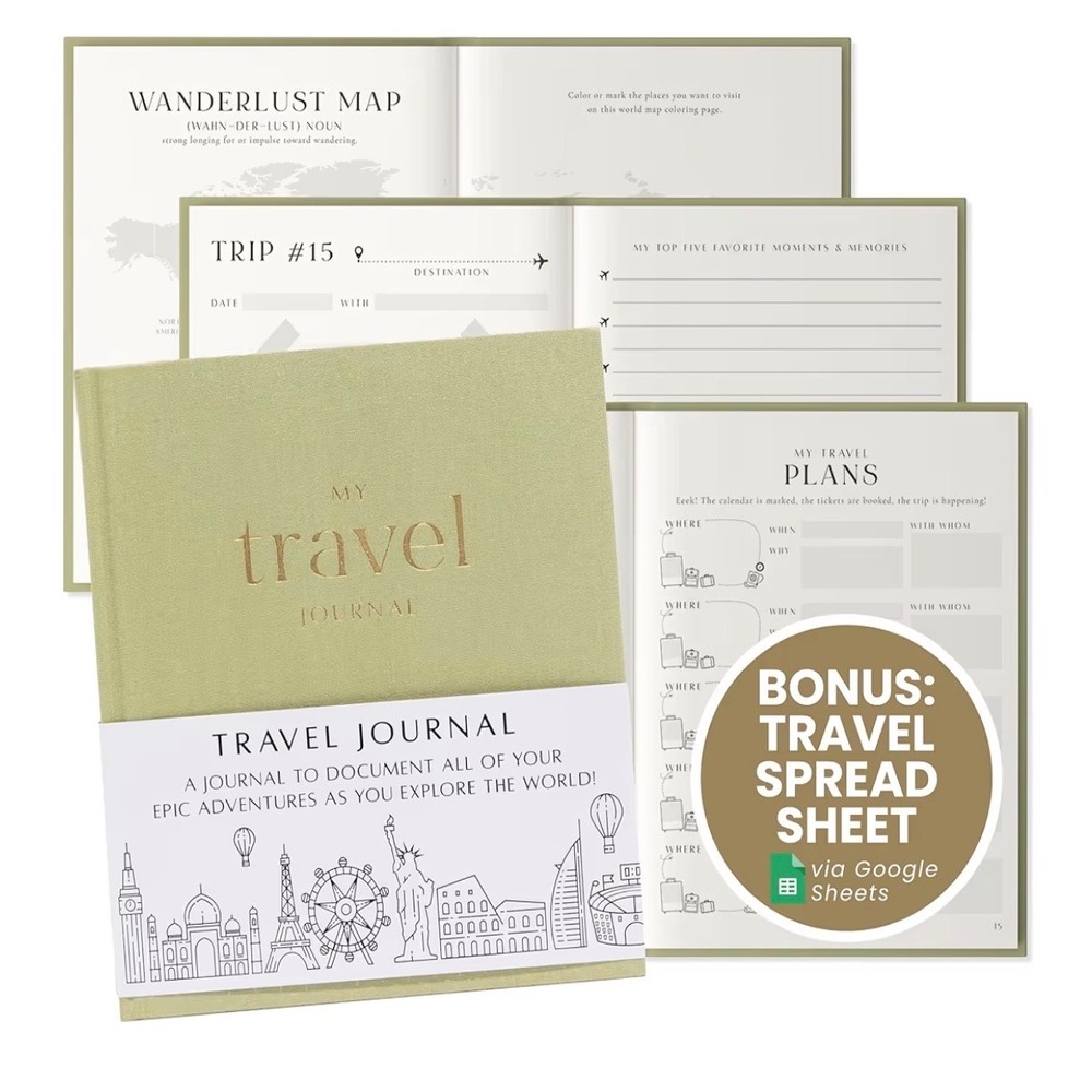 My Travel Journal Sage Green Linen Hardcover Guided Planner 200+ Pages 9x7.5 NEW